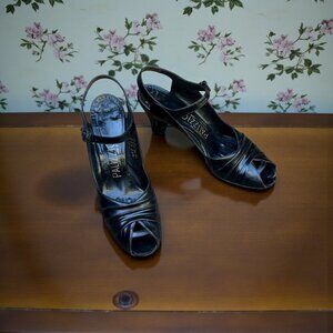 Palizzio NY Women's Black Vintage 40s Peep Toe Sling Back Shoes Size 9 AAA